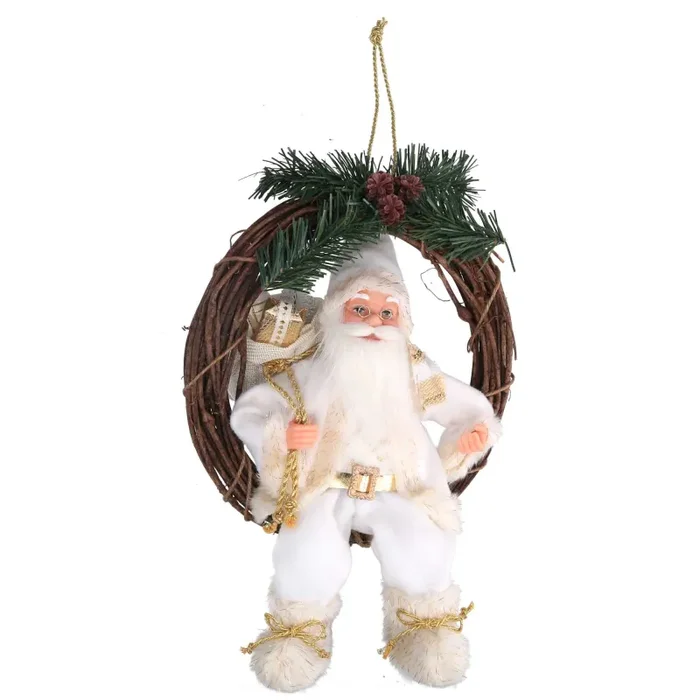 Babbo natale in tessuto su ghirlanda bianco e oro cm xh32/49