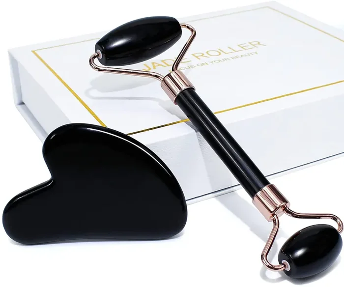 BAIMEI Rullo di giada e Gua Sha, rullo per il viso, strumenti per la cura della pelle del rullo di bellezza del viso, alleviano le linee sottili e le rughe