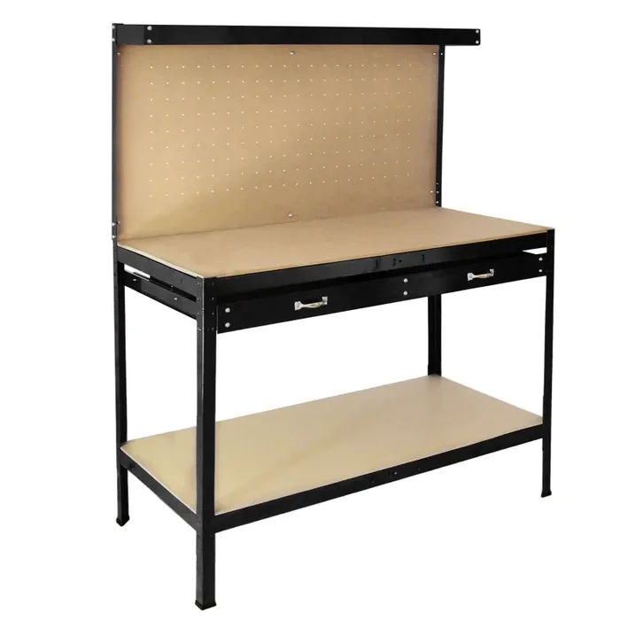 Banco da Lavoro Porta Attrezzi 120 cm in Acciaio con Parete e Cassetto Nero