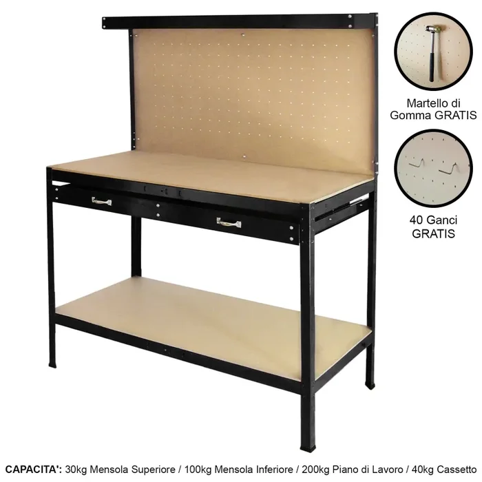 Banco da Lavoro Porta Attrezzi 120 cm in Acciaio con Parete e Cassetto Nero - immagine 2
