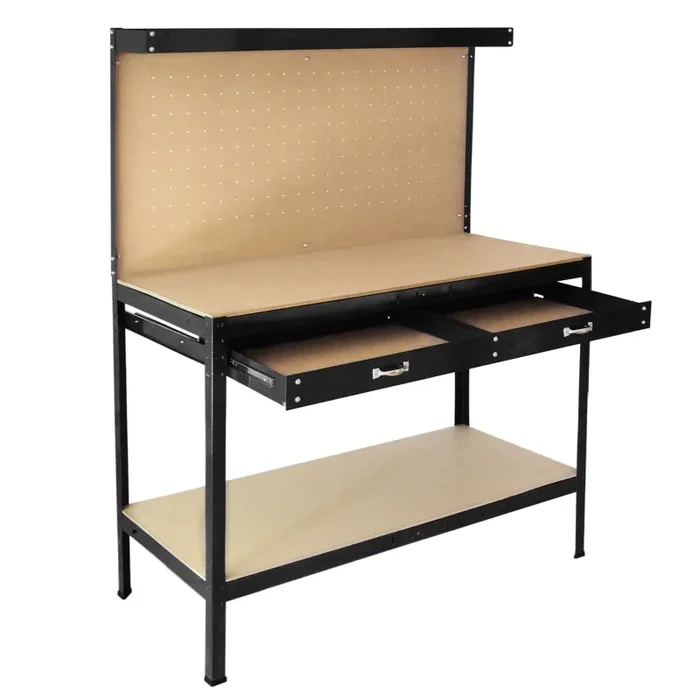 Banco da Lavoro Porta Attrezzi 120 cm in Acciaio con Parete e Cassetto Nero - immagine 3