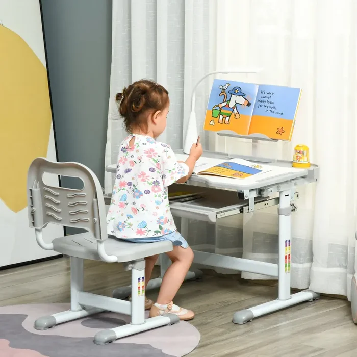Banco Scuola con Sedia per Bambini con Lampada e Leggio Grigio Online - immagine 2