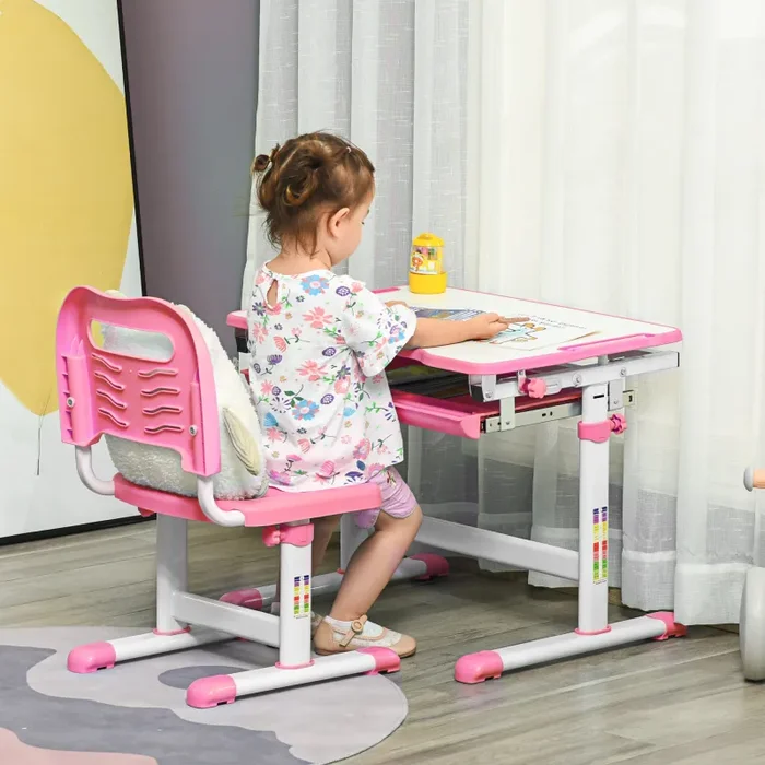 Banco Scuola per Bambini Piano Inclinabile e Sedia Regolabile 66x47x52-77 cm Rosa - immagine 2