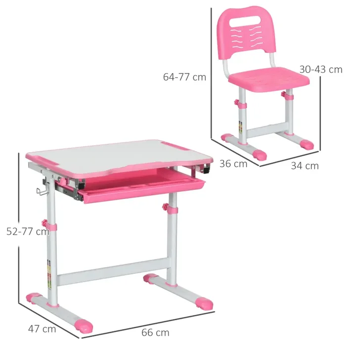 Banco Scuola per Bambini Piano Inclinabile e Sedia Regolabile 66x47x52-77 cm Rosa - immagine 3