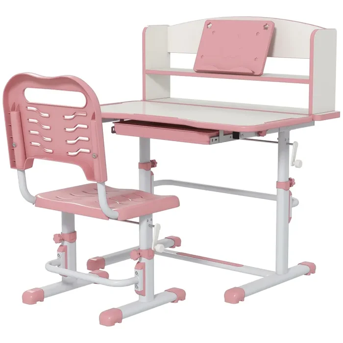 Banco Studio Scuola per Bambini 80×54,5×104 cm con Sedia Regolabile e Piano Inclinabile Rosa