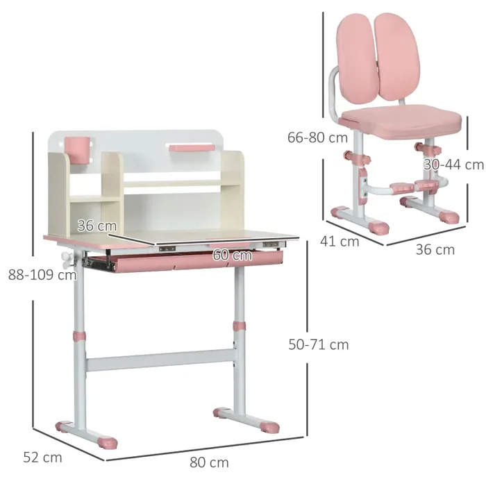 Banco Studio Scuola per Bambini 80x52x88-109 cm in MDF e Acciaio Rosa Vendita online - immagine 3