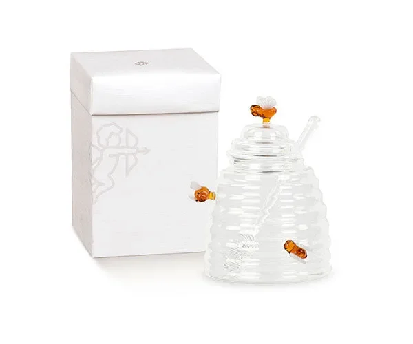 BARATTOLO PER MIELE+SPARGIMIELE IN VETRO CON DECORO APE (500ml-h.14,5cm)