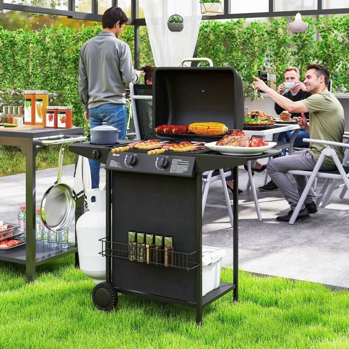 Barbecue a Gas con 3 Bruciatori Indipendenti 108x54x97 cm Coperchio con Termometro Nero - immagine 2