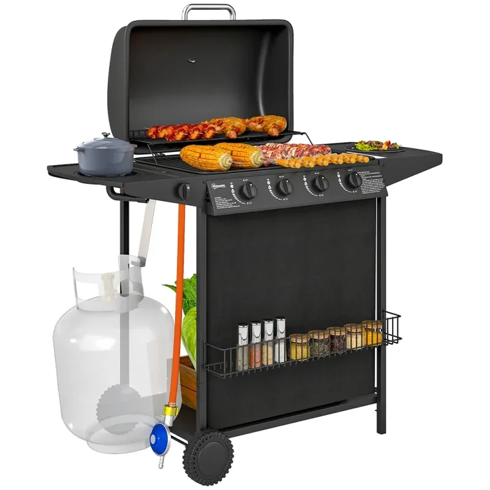 Barbecue a Gas con 4+1 Bruciatori Indipendenti 121x54x97 cm Coperchio con Termometro Nero Saldi