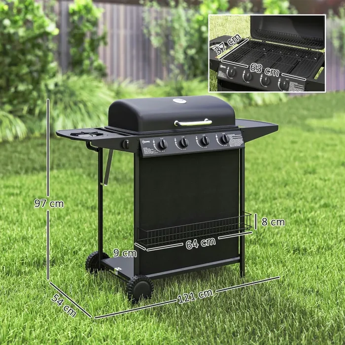 Barbecue a Gas con 4+1 Bruciatori Indipendenti 121x54x97 cm Coperchio con Termometro Nero Saldi - immagine 3