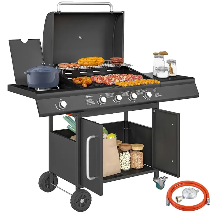 Barbecue a Gas con Fornello Laterale 129,5x56x110 cm Tavolino e Armadietto in Acciaio e PP Nero Sconti