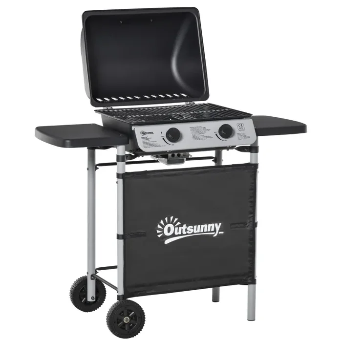 Barbecue a Gas GPL 2 Fuochi 2,8kW in Acciaio con Ruote e Mensole Nero