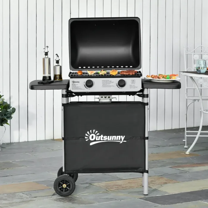 Barbecue a Gas GPL 2 Fuochi 2,8kW in Acciaio con Ruote e Mensole Nero - immagine 2