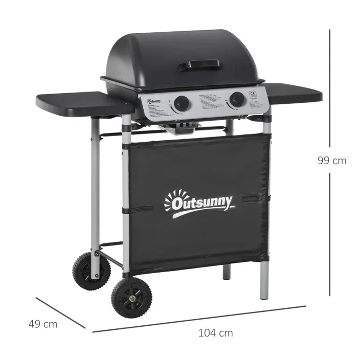 Barbecue a Gas GPL 2 Fuochi 2,8kW in Acciaio con Ruote e Mensole Nero - immagine 3