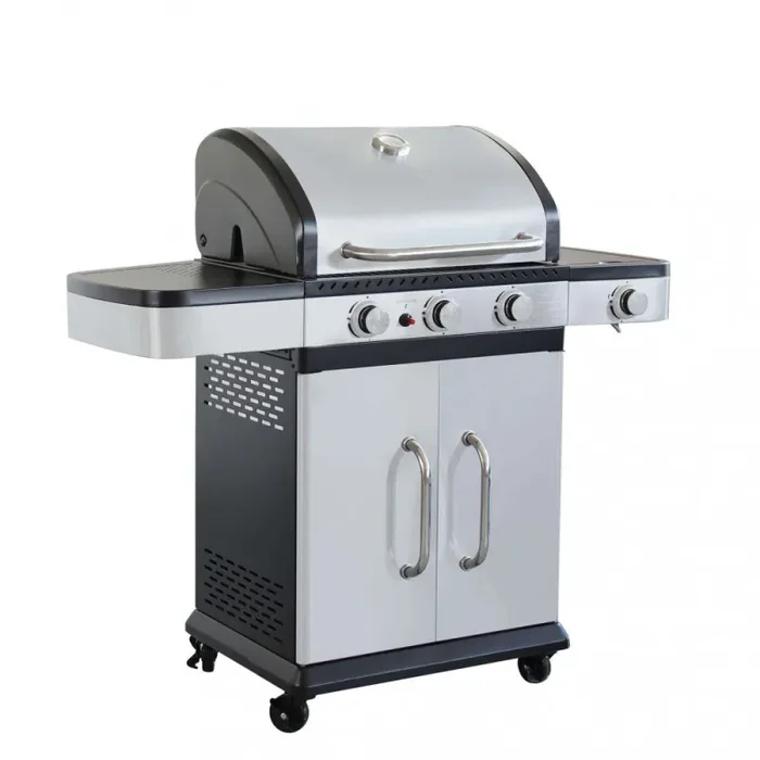 Barbecue a Gas GPL Davis 3 Fuochi + 1 con Fornello Laterale 117×55,5×112 h cm in Acciaio Grigio