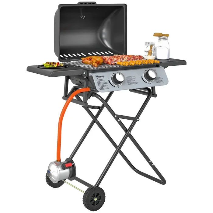 Barbecue a Gas Portatile Design a Valigia 101x50x102 cm con 2 Bruciatori e 2 Tavolini in Acciaio Nero