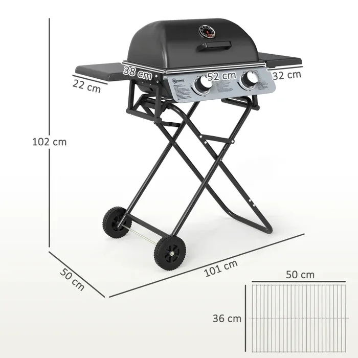 Barbecue a Gas Portatile Design a Valigia 101x50x102 cm con 2 Bruciatori e 2 Tavolini in Acciaio Nero - immagine 3