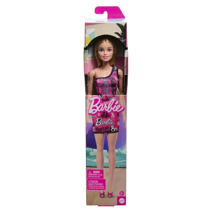 Barbie – Bambola bionda con capelli lisci, indossa un abito monospalla rosa e scarpe removibili con stampa del logo, giocattolo per bambini, 3+ anni, HRH07 - immagine 2