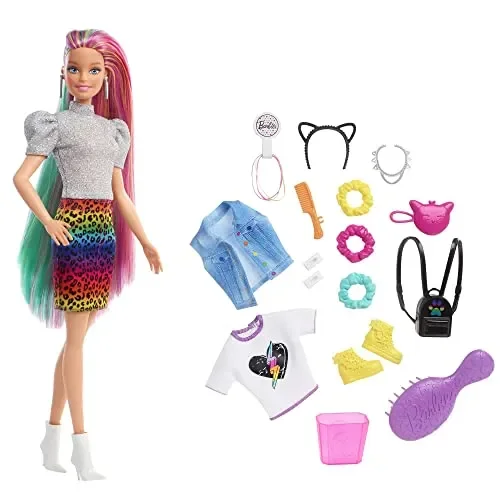 Barbie – Bambola Capelli Multicolor con Funzione Cambia Colore, Include Cerchietto e Borsa a Forma di Gatto e Accessori a Tema Leopardo, Giocattolo per Bambini 3+Anni, GRN81