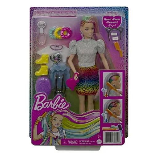 Barbie – Bambola Capelli Multicolor con Funzione Cambia Colore, Include Cerchietto e Borsa a Forma di Gatto e Accessori a Tema Leopardo, Giocattolo per Bambini 3+Anni, GRN81 - immagine 2