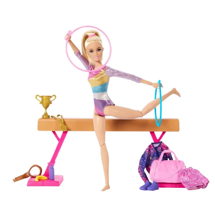 Barbie – Ginnastica Artistica, playset con bambola ginnasta bionda, tuta per il riscaldamento, trave, fermo a C per le acrobazie e 10+ accessori inclusi, giocattolo per bambini, 3+ anni, HRG52