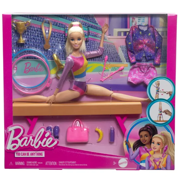 Barbie – Ginnastica Artistica, playset con bambola ginnasta bionda, tuta per il riscaldamento, trave, fermo a C per le acrobazie e 10+ accessori inclusi, giocattolo per bambini, 3+ anni, HRG52 - immagine 2
