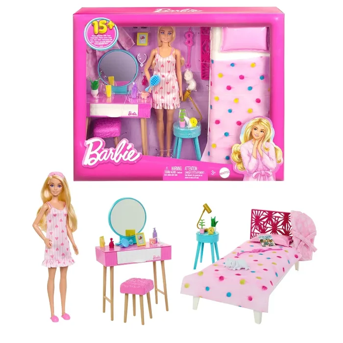 Barbie – Set Camera da letto di Barbie, include una bambola in pigiama rosa e pantofole, un gattino, letto, specchiera e comodino, 20+ accessori a tema, giocattolo per bambini, 3+ anni, HPT55