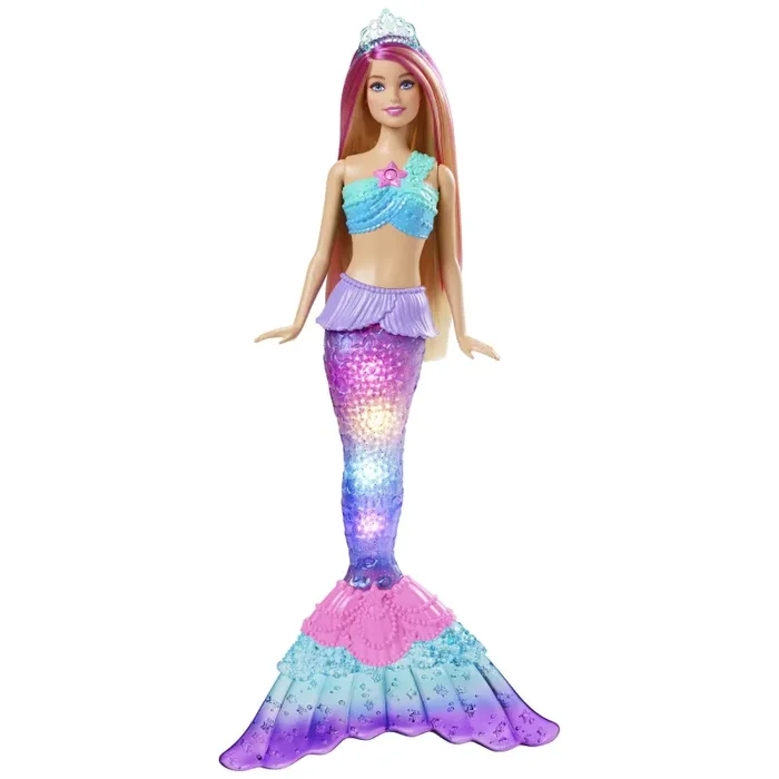 Barbie Dreamtopia Sirena Luci Scintillanti Bambola (30,4 cm, bionda) con luci che si attivano a contatto con l’acqua e capelli con ciocche rosa, regalo per bambini dai 3 ai 7 anni, HDJ36