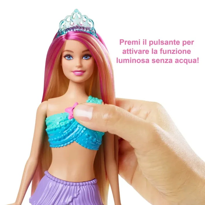 Barbie Dreamtopia Sirena Luci Scintillanti Bambola (30,4 cm, bionda) con luci che si attivano a contatto con l’acqua e capelli con ciocche rosa, regalo per bambini dai 3 ai 7 anni, HDJ36 - immagine 3