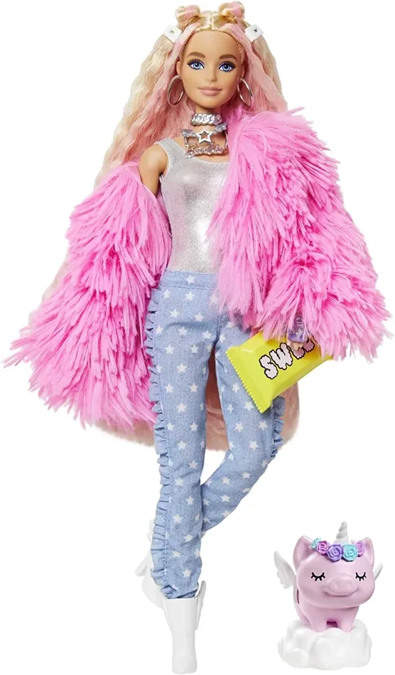 Barbie Extra n.3 – Bambola Snodata con Pelliccia Rosa e Maialino-Unicorno – 15 Accessori – Look Fashion con Ciocche Rossa – Regalo per Bambini 3+ Anni Vendita calda online