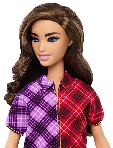 Barbie- Fashionistas Bambola con Capelli Castani Mossi e Vestitino Plaid,… Moda - immagine 3