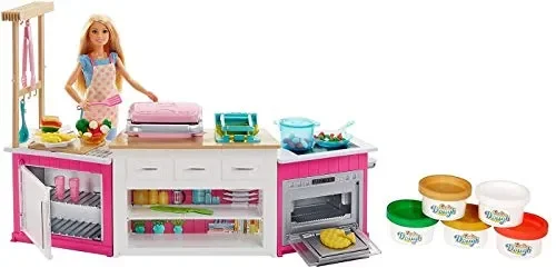 Barbie FRH73 – Cucina da Sogno con Bambola, 5 Aree di Gioco, Pasta…