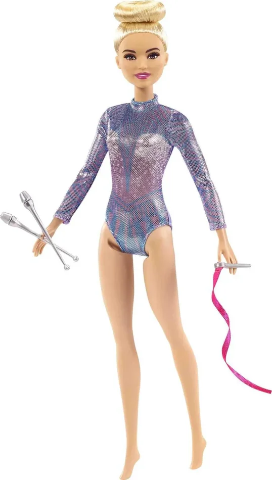 Barbie -Ginnasta, Bambola Bionda con Coloratissimo Body, 2 Bastoni e Nastro, Giocattolo per Bambini 3+ Anni, GTN65