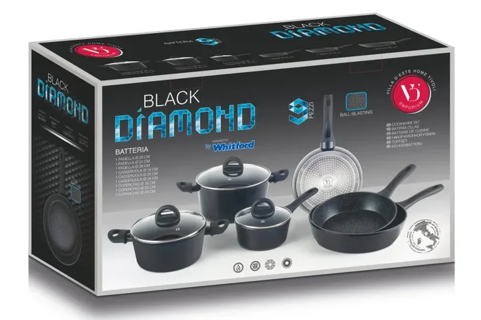 Batteria di Pentole 9 Pezzi in Alluminio Antiaderente Induzione Effetto Pietra Villa du0026#39;Este Home Tivoli Martellato Nero - immagine 2