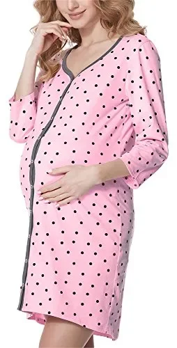 Bellivalini Camicia da Notte Premaman Manica 3/4 L, Rosa-pois (Grafite)