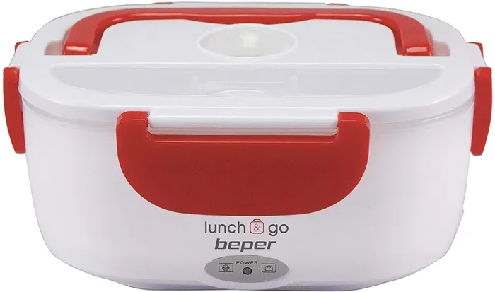 BEPER – Scaldavivande Elettrico Portatile, 2 Contenitori Removibili, Piastra Riscaldante in Acciaio, Posate di Plastica in Dotazione, 220V – Rosso