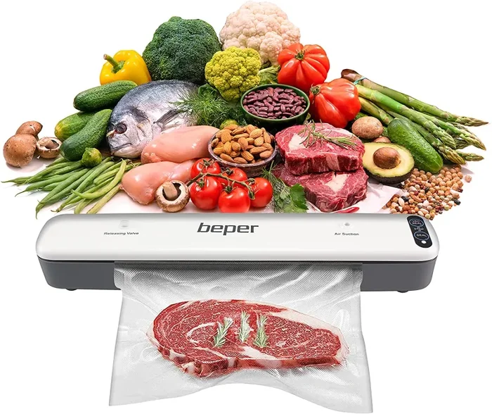 BEPER P102CON001 Macchina sottovuoto,Sigillatore Sottovuoto con 5 Sacchetti Sottovuoto, ABS, Duplice Funzionamento, Nastro Sigillante da 30 cm, Bianco/Grigio