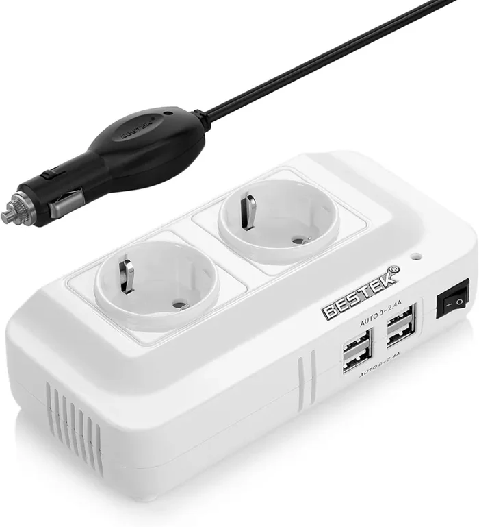 BESTEK 200W Inverter da Auto 12V a 230V con 4 Porte Smart USB 2 Prese AC, Convertitore Potenza per Auto/Camper/Barca a Onda Sinusoidale Modificata