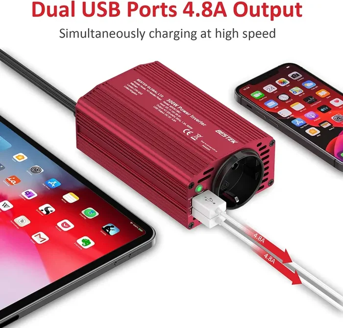 BESTEK 300W Inverter da Auto 12V 220V con Caricatore Auto USB-PD 18W, Trasformatore Inverter per Camper con 2 Porte USB 4,8A, Display LCD - immagine 3