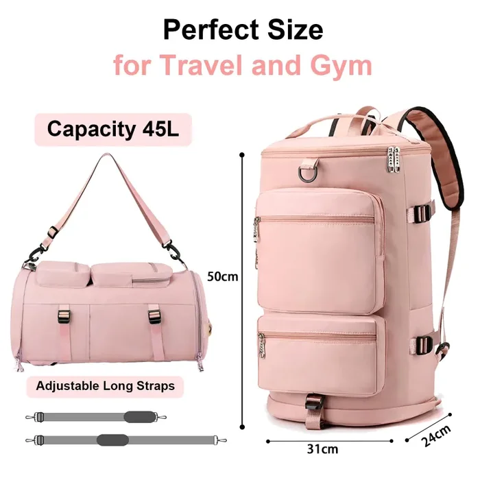 Bibykivn Borsone Palestra Donna Uomo 45L, Borsa da Palestra Divisorio Bagnato e Asciutto, Borsa da Viaggio con Scomparto per Scarpe e Tasca Bagnata per Palestra Sport Viaggi Nuoto Vacanze (Rosa) - immagine 3