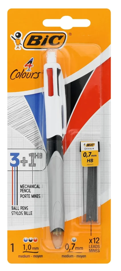 BIC 4 Colori, Penna Multicolore con Matita Grafite, Penna a Sfera a Scatto con 3 Inchiostri (Nero, Blu, Rosso) e 1 Matita Meccanica HB, Scuola Cancelleria Ufficio