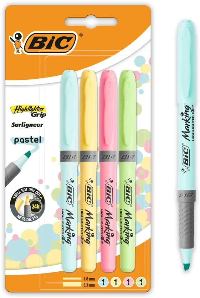 BIC Intensity, Highlighter Grip, Evidenziatori Pastello Colorati, Tecnologia Anti-Essicazione e Punta a Scalpello, 4 Unità, Cancelleria Scuola Sconti