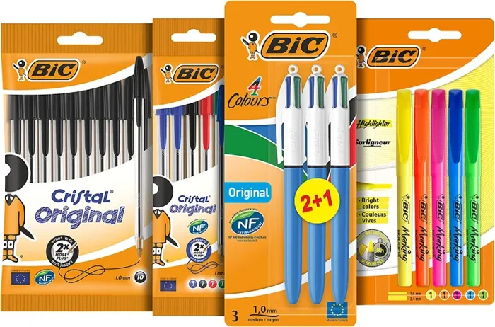BIC Set Cancelleria, 10 Penne a Sfera Nere, 5 Evidenziatori, 4 Penne a sfera Colori Assortiti, 4 Colori Penne A Sfera a Scatto, Astuccio Scuola
