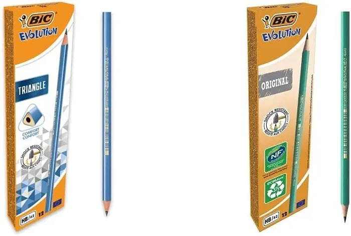 BIC Soft Feelclic Grip Penna A Sfera, A Scatto, Punta Media Da 1,0Mm, Confezione Da 12 Pezzi, Colore Nero & Evolution Fluo Matite In Grafite Hb Con Gomma All’Estremità – Fusti Gialli, Scatola Da 12