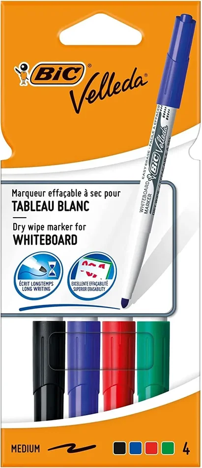 BIC Velleda Pennarelli Lavagna Bianca, Colori Assortiti, Pennarelli Cancellabili con Punta Media Tonda, Pacco da 4 Marcatori, Fornitura Cancelleria Scuola