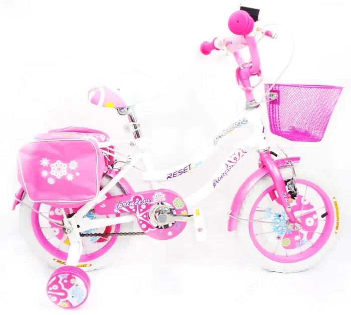 Bicicletta per Bambina 14″ 2 Freni con Cestino e Borse Laterali Bianca e Rosa