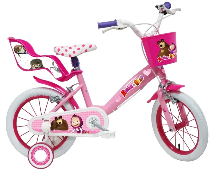 Bicicletta per Bambina 14″ 2 Freni Masha e Orso Rosa