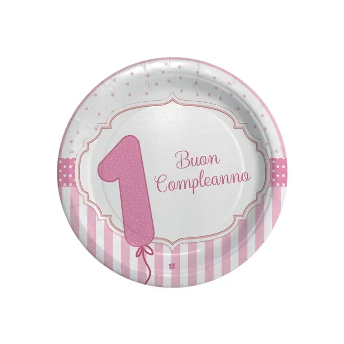 Big Party Piatti Carta Buon Primo Compleanno D 18 Cm Cf 8 Pz Rosa