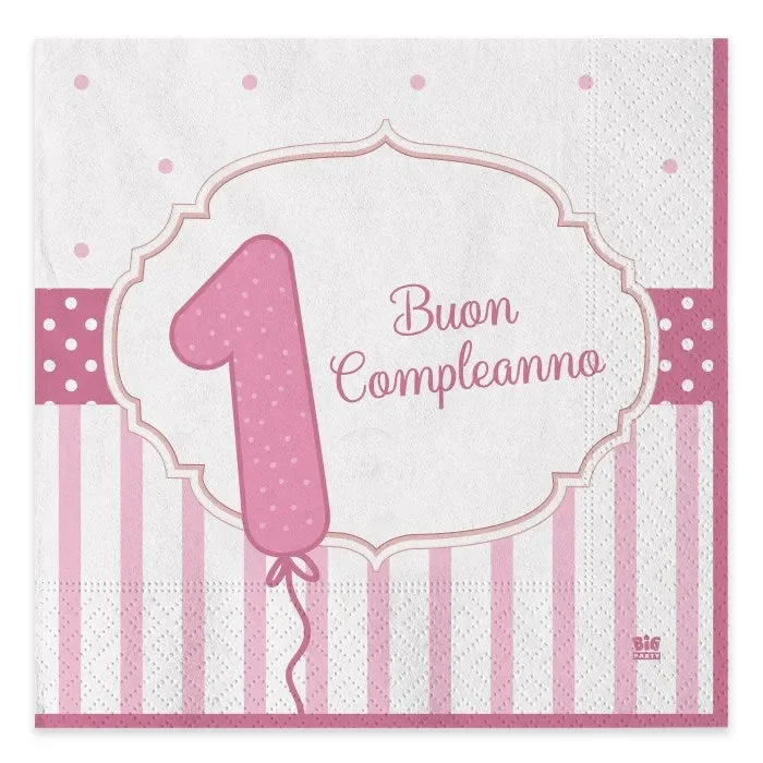 Big Party Tovaglioli Buon Primo Compleanno Rosa 33 x 33 Cm 20 Pz
