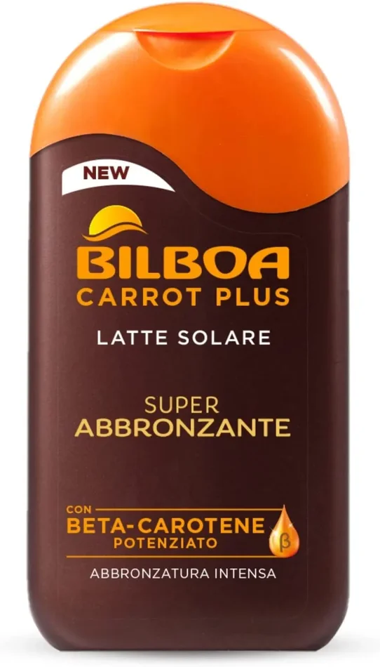 Bilboa Carrot Plus, Latte Solare Super Abbronzante, con Betacarotene e Burro di Karità per una Abbronzatura Intensa e Duratura, Effetto Idratante e Nutriente, Dermatologicamente Testato, 200 ml